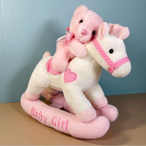 Aurora Baby Girl Lullaby Wind Up Rocking Horse 12” White Pink Plush WORKS! - Picture 1 of 10
